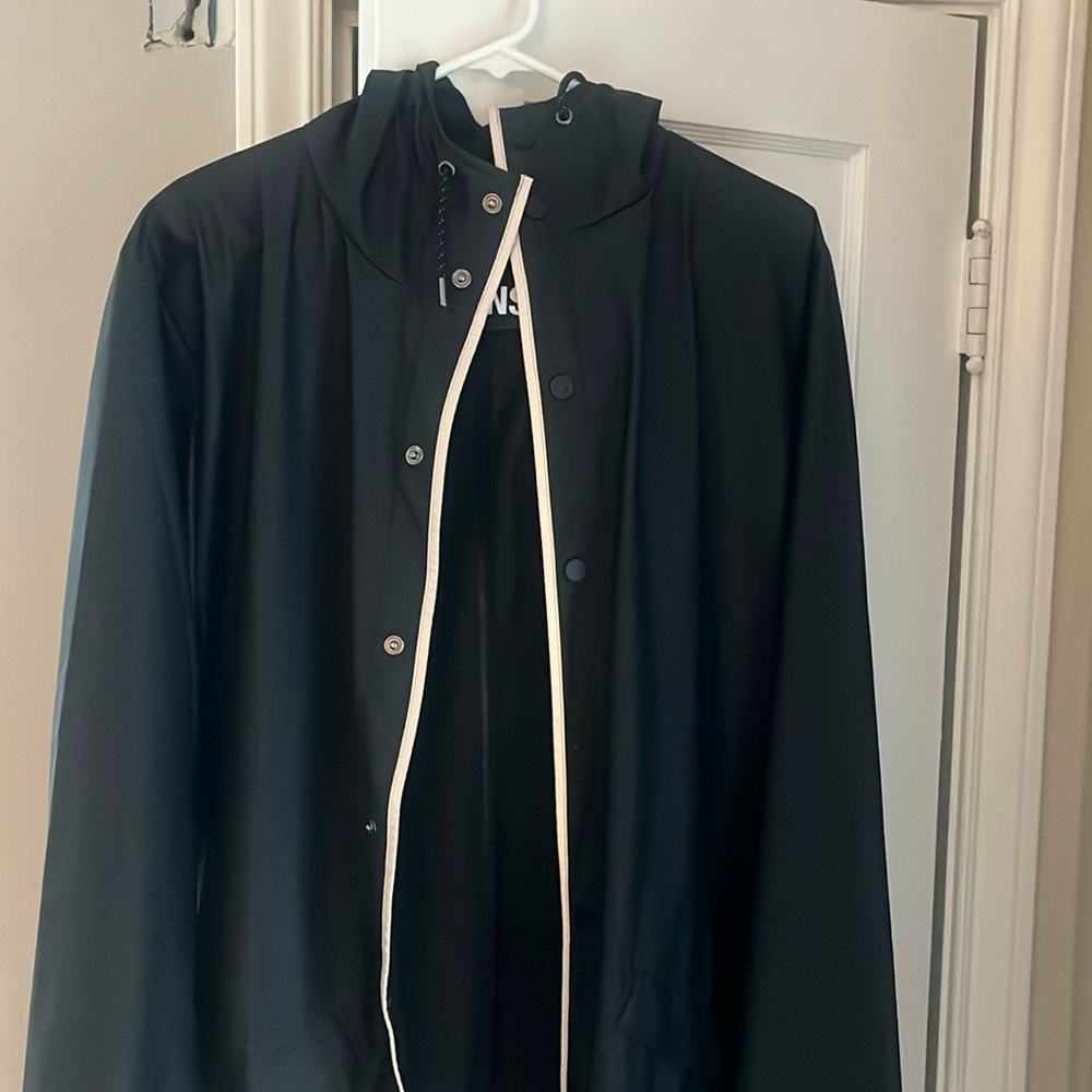 RAINS Jacket Reflective Womens M Black Long Waterproof Coat 18540 Hood Pockets